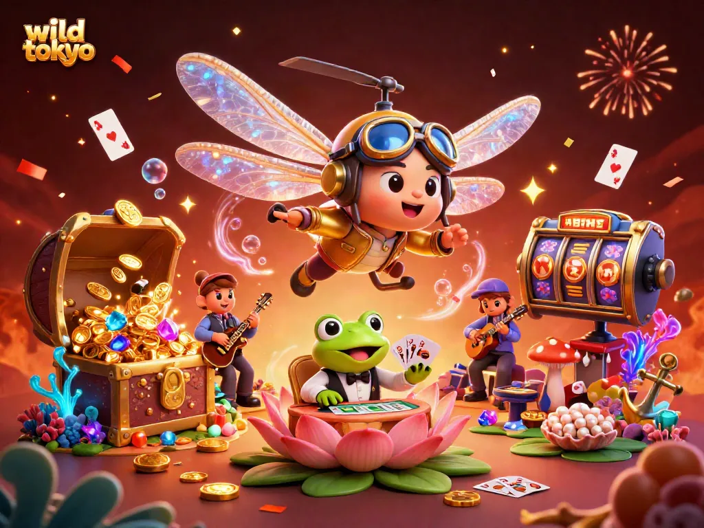 Engage with wild tokyo's thrilling 3D casino scene featuring games and characters.