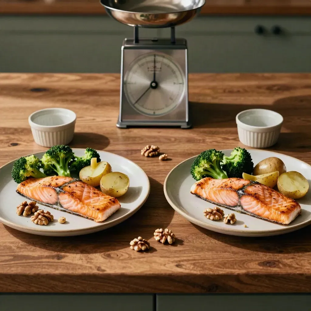 Due piatti con salmone, patate e broccoli, bilancia e ciotoline su piano di noce.