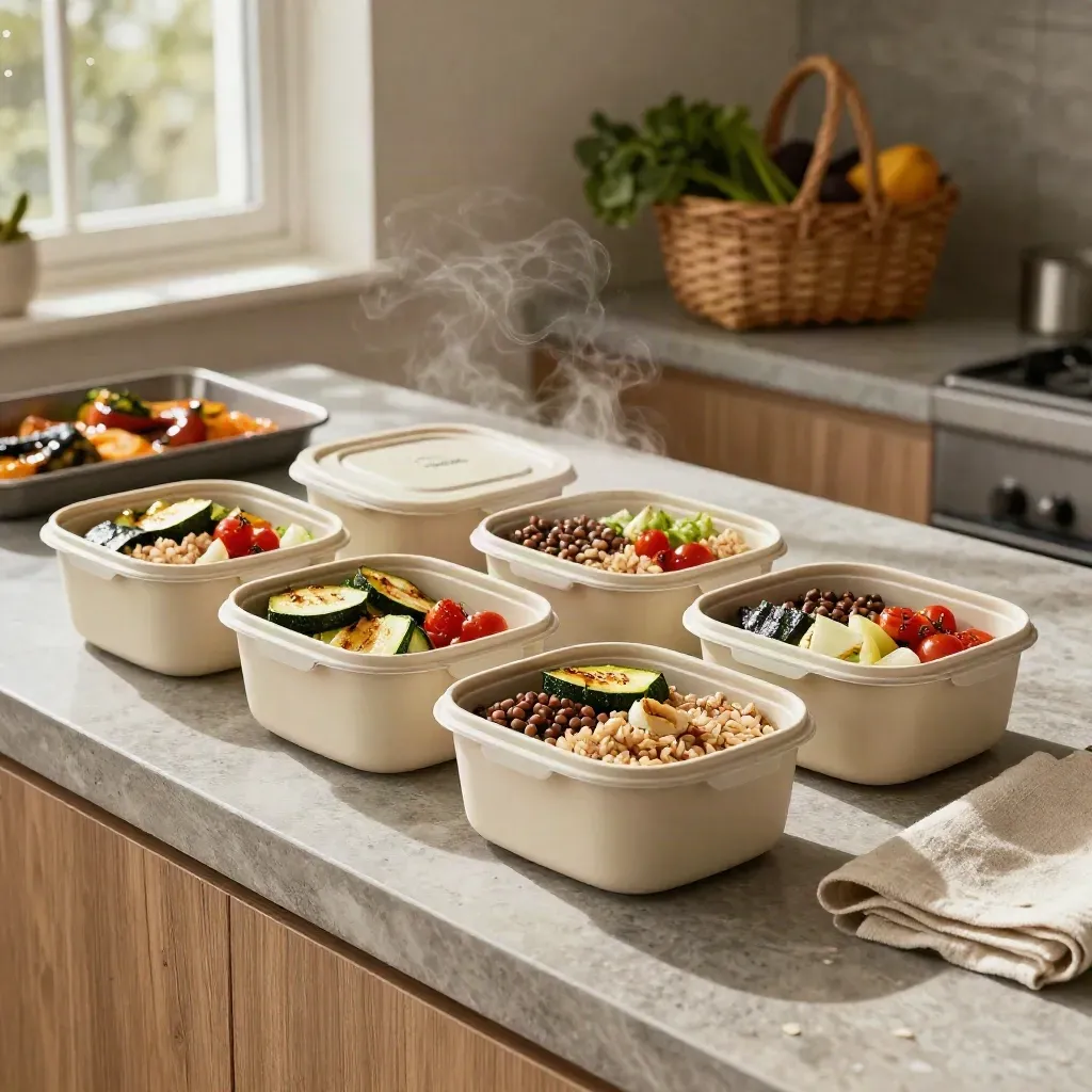 Contenitori meal prep con verdure arrostite e cesto della spesa su piano in pietra, luce naturale.