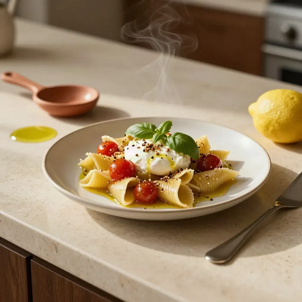 Trofoie al pomodoro e basilico su travertino con limone e olio d'oliva, luce calda.