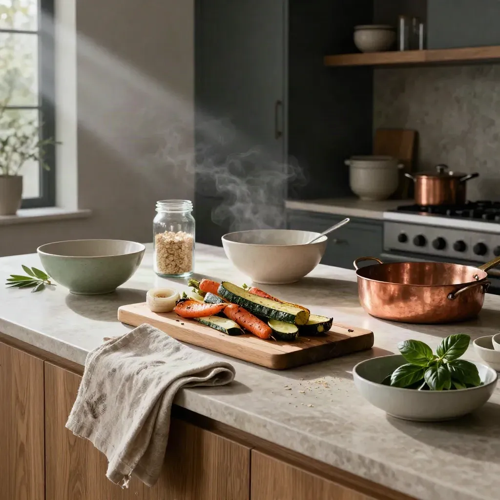 Isola cucina premium con bowl meal-prep, verdure arrosto, cereali e vapore mattutino