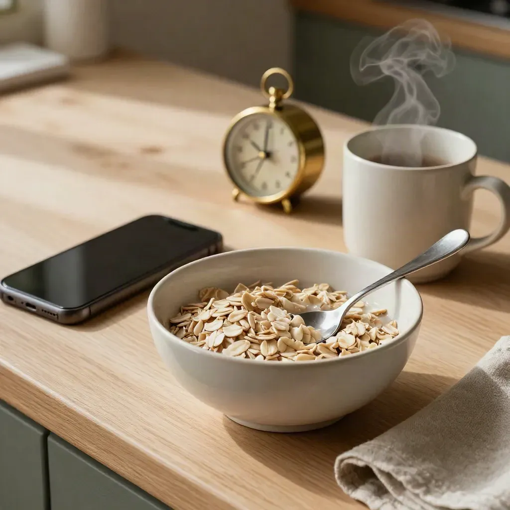 Bowl di avena, timer in ottone, tazza fumante e telefono capovolto su legno chiaro