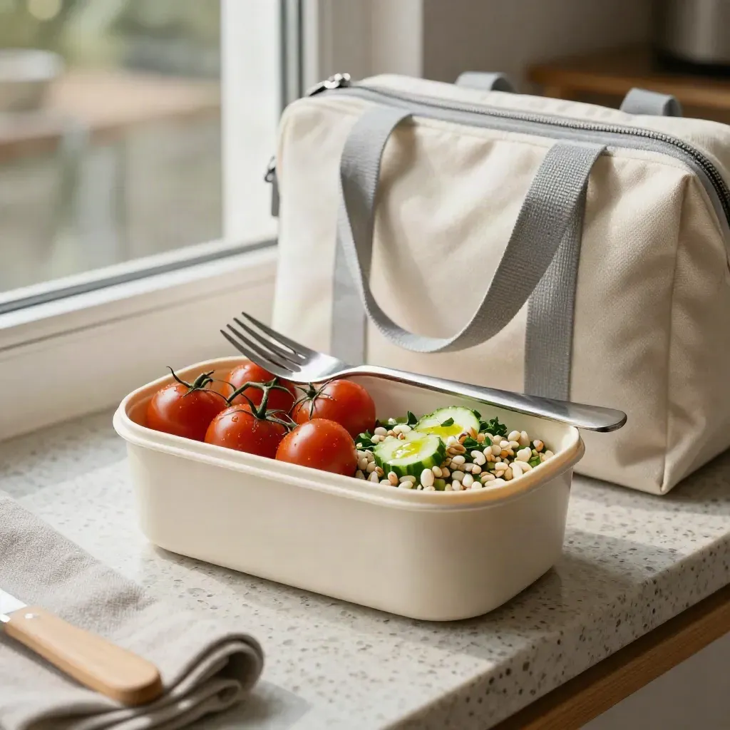 Lunch box con insalata di cereali, pomodorini e forchetta su un davanzale in pietra.