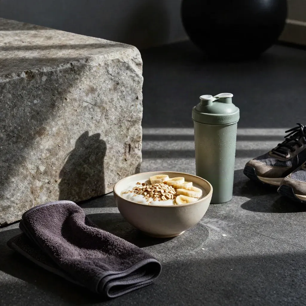 Ciotola di skyr, banana e avena accanto a shaker, borraccia, asciugamano e scarpe da training.
