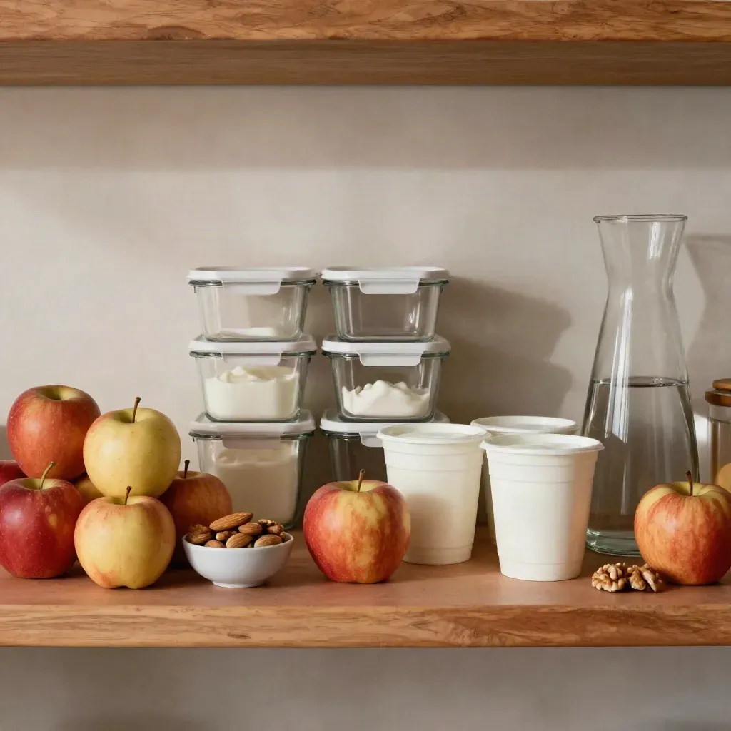Scaffale dispensa con mele, yogurt, frutta secca e caraffa d’acqua su terracotta.