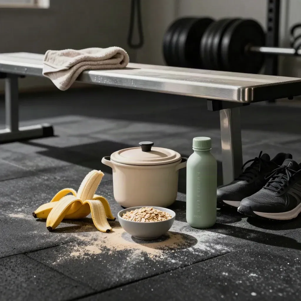 Set di recupero post-allenamento con banana, skyr, avena, borraccia, asciugamano e scarpe da ginnastica.