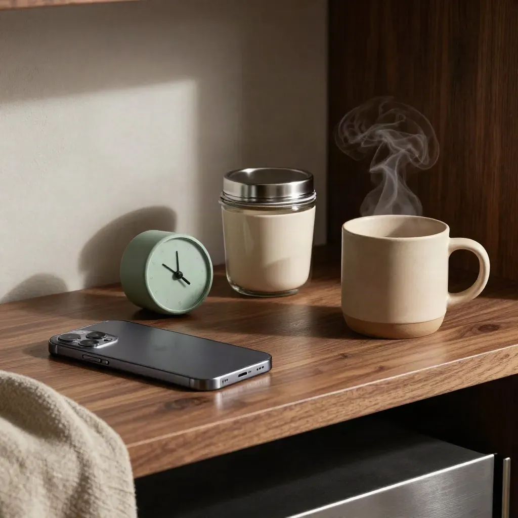 Smartphone, timer, contenitore pranzo e tazza fumante su mensola in legno