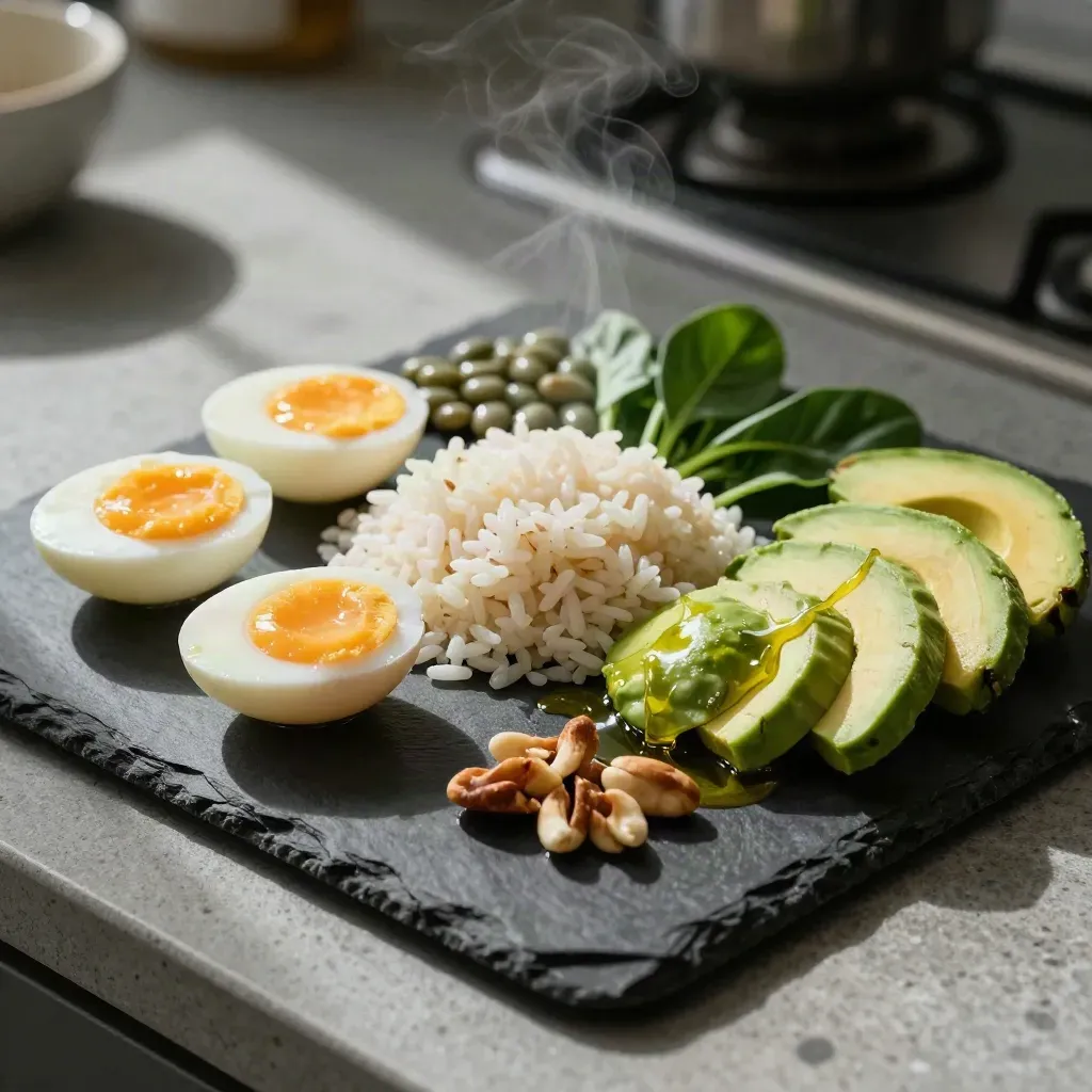 Overhead di uova, fagioli, riso, avocado, olio e verdure su ardesia con vapore leggero