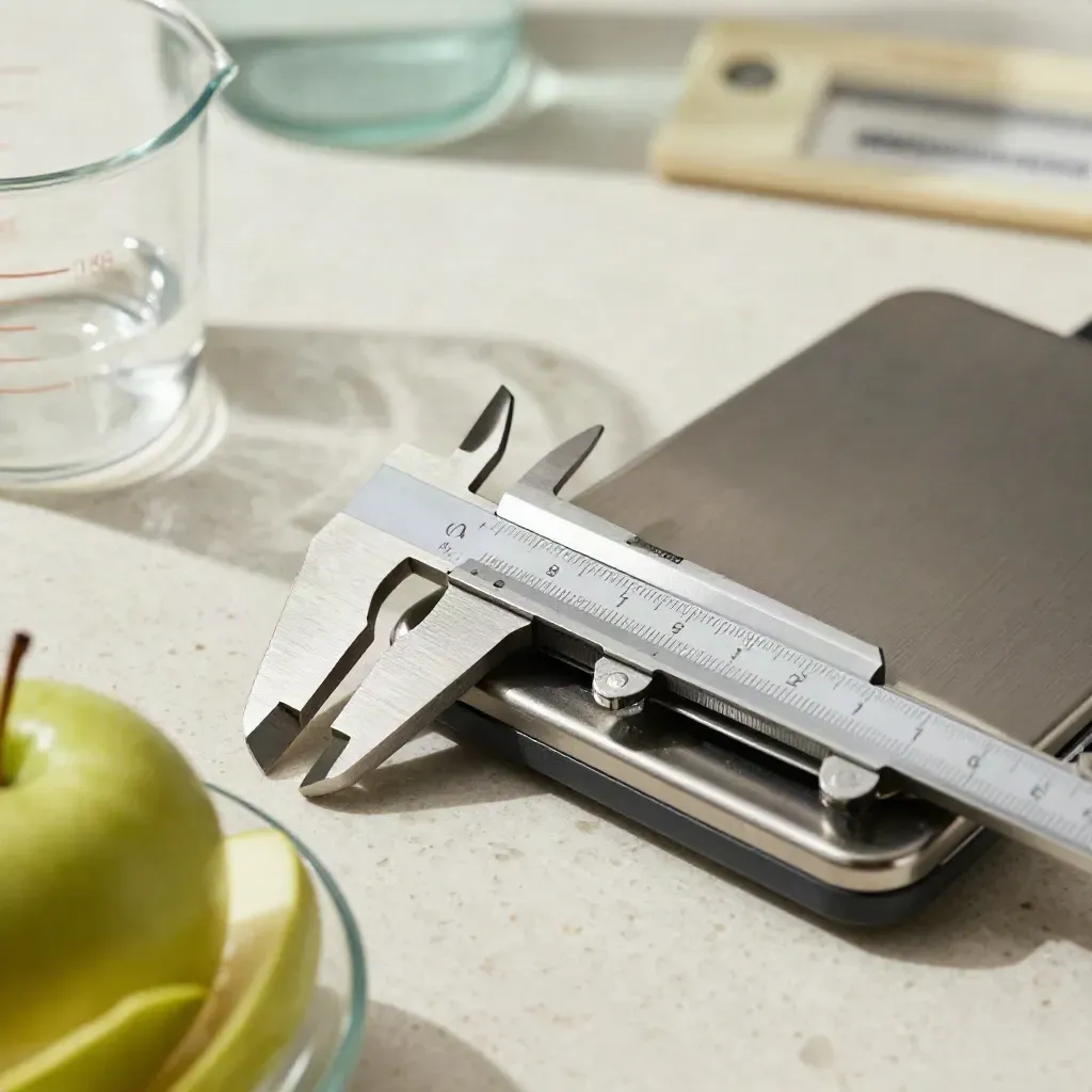 Bilancia, plicometro, misurino in vetro e frutta su piano clinico in primo piano macro