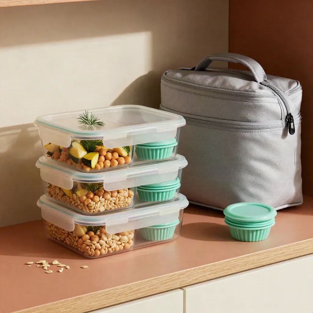 Contenitori meal prep, pirottini in silicone e borsa termica su ripiano dispensa.