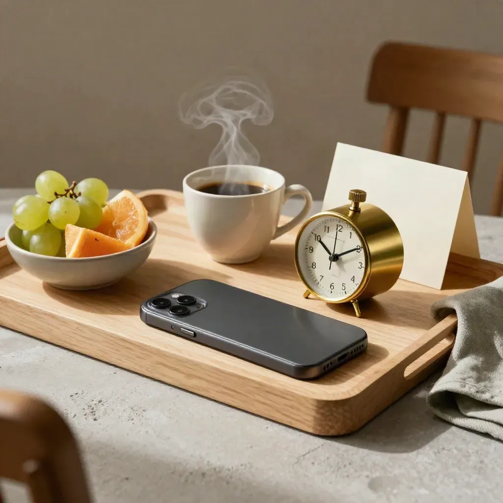 Telefono a faccia in giù, tazze di espresso, frutta e timer su vassoio chiaro.