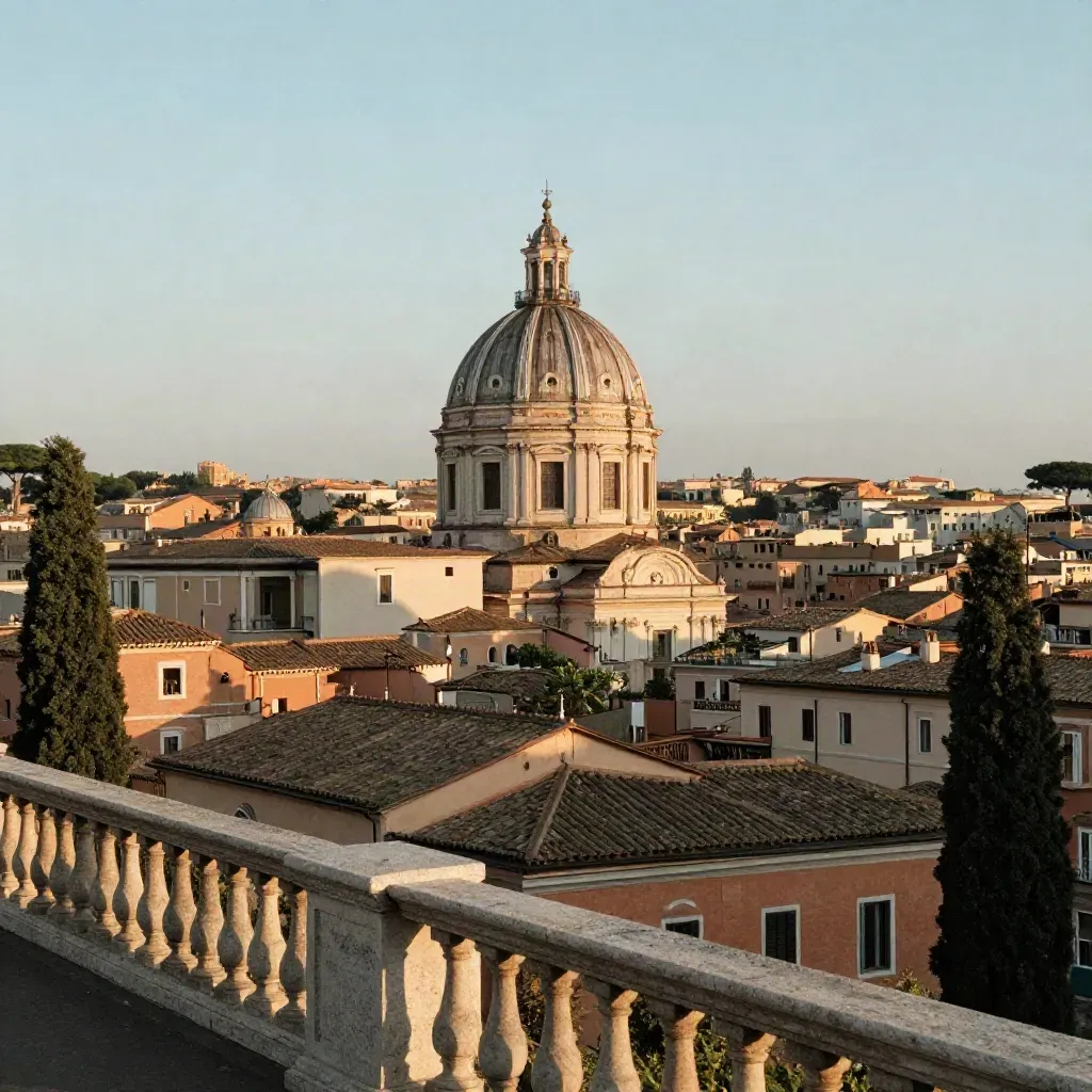 Roma dal Gianicolo al tramonto, cupole e tetti in foschia calda
