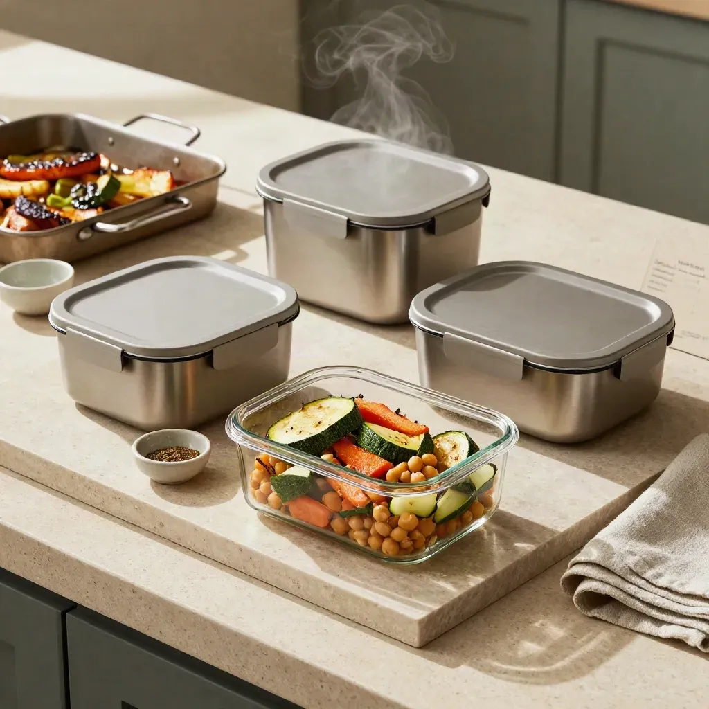 Contenitori meal prep con verdure arrosto, spezie e lino su una lastra di pietra chiara.