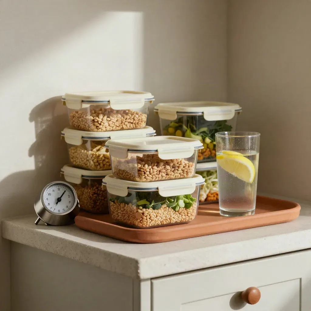 Contenitori meal prep, timer analogico e acqua al limone su mensola chiara.