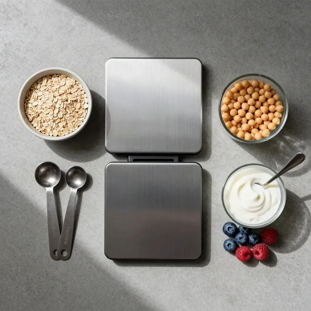 Bilancia, cucchiai, avena, ceci, yogurt e frutti di bosco su cemento chiaro