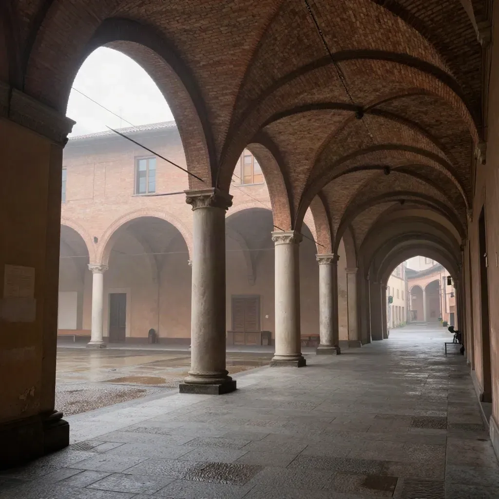 Portici di Bologna dopo la pioggia, pavimento bagnato e nebbia mattutina.