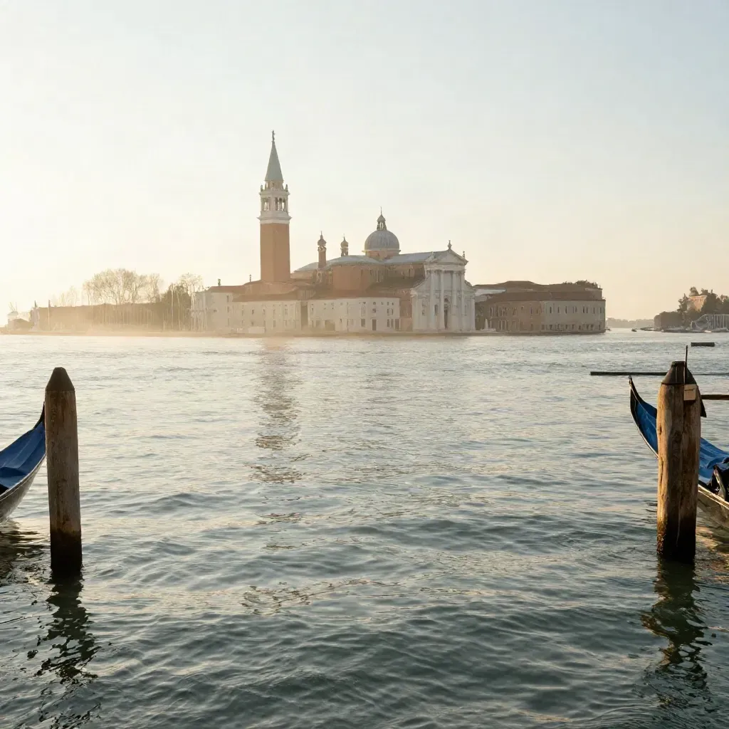 Laguna di Venezia all’alba dorata con San Giorgio e il campanile nella nebbia