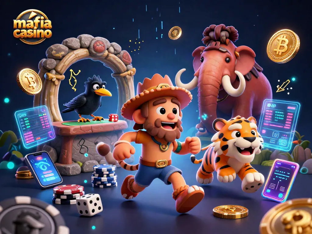 Experience mafia casino action with a cartoon caveman, sabertooth tiger, and crypto elements.