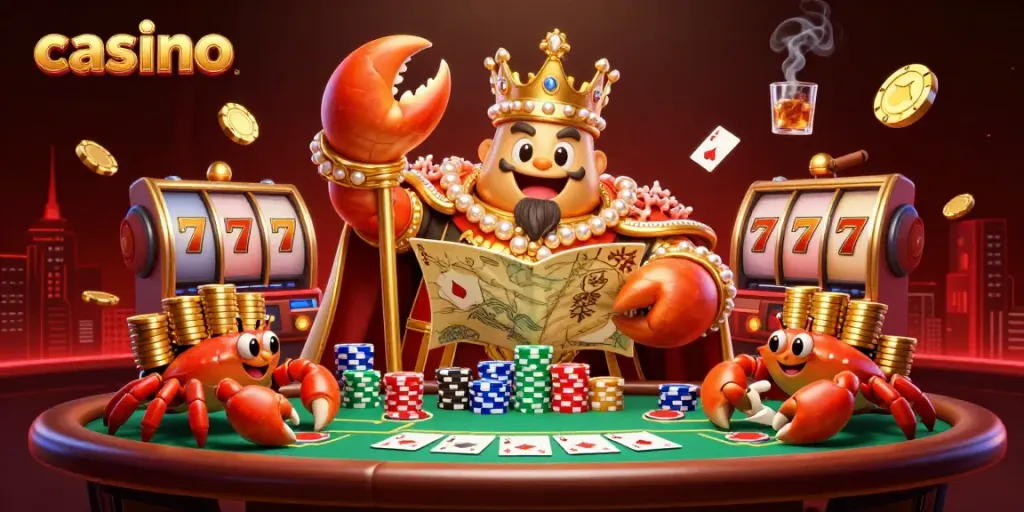 Experience the thrill of casino gaming with our 3D crab emperor surrounded by poker elements and treasures.
